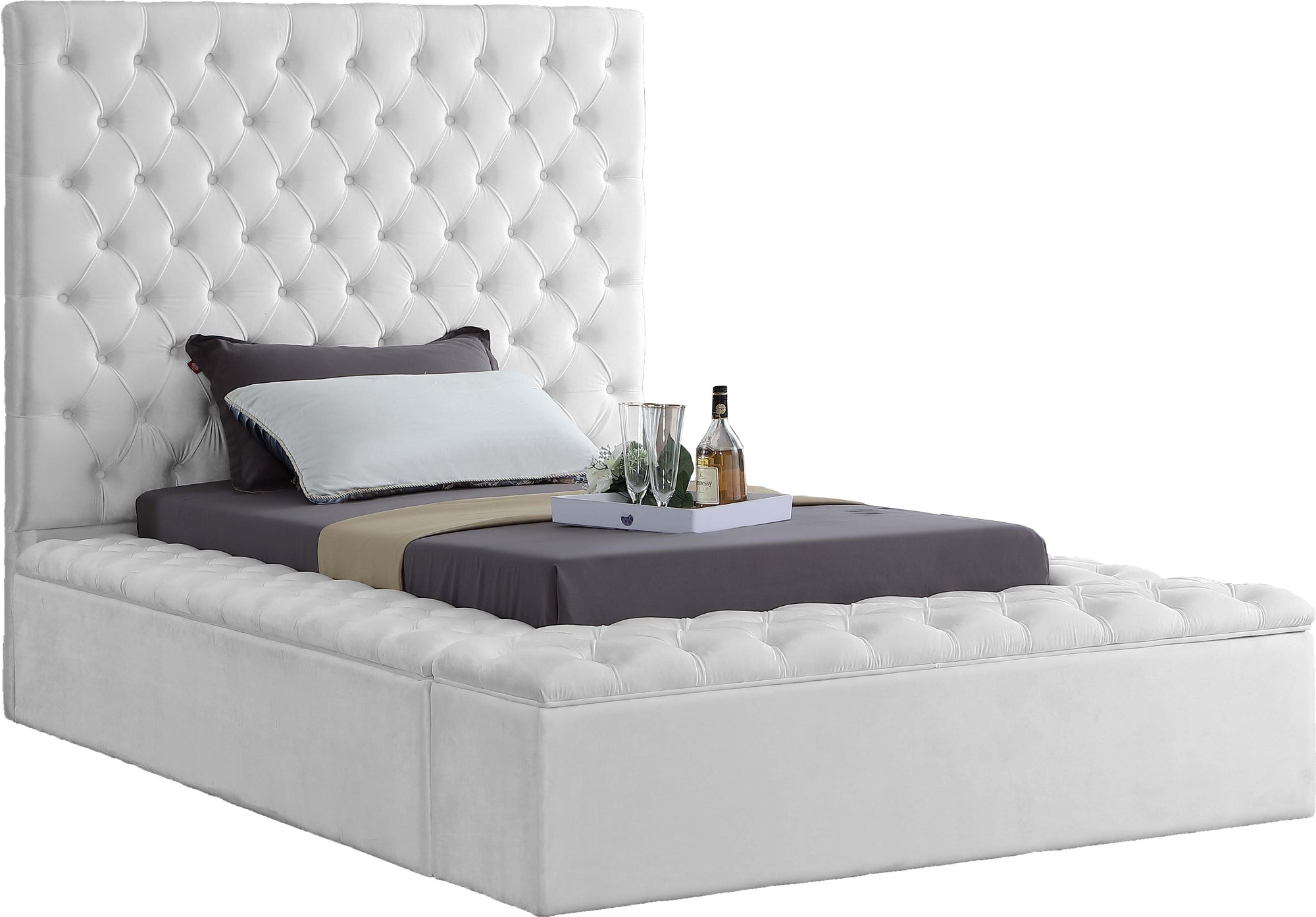 Bliss White Velvet Twin Bed (3 Boxes)