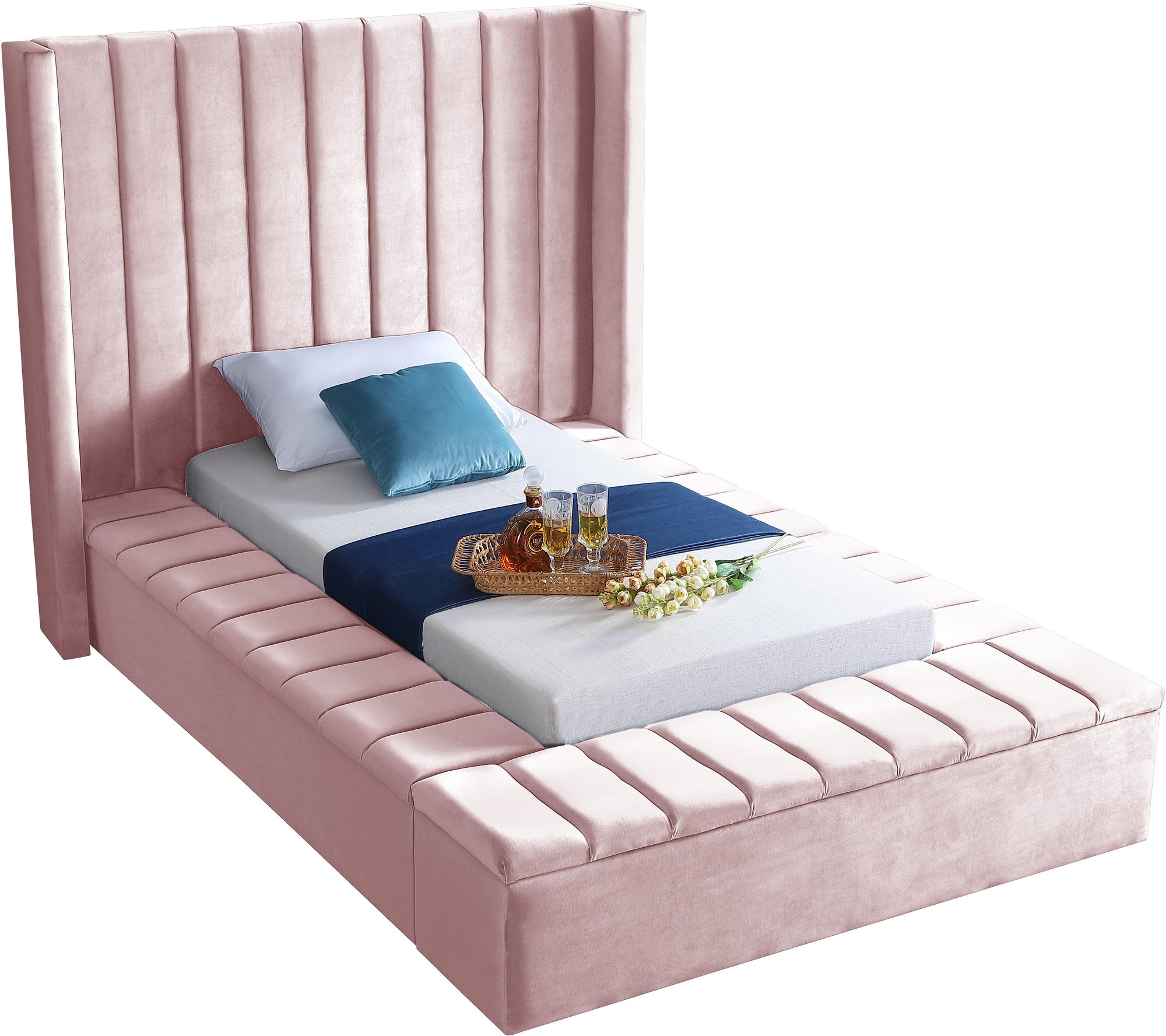 Kiki Pink Velvet Twin Bed (3 Boxes)