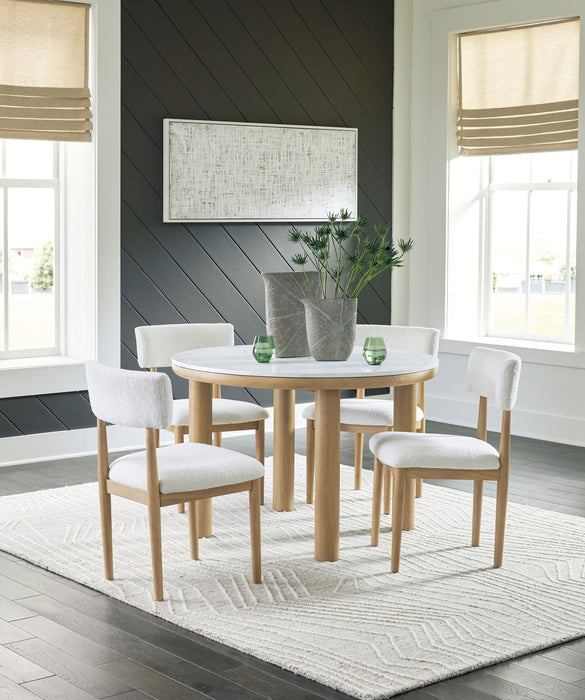 Sawdyn - White / Light Brown - 5 Pc. - Round Dining Room Table, 4 Side Chairs