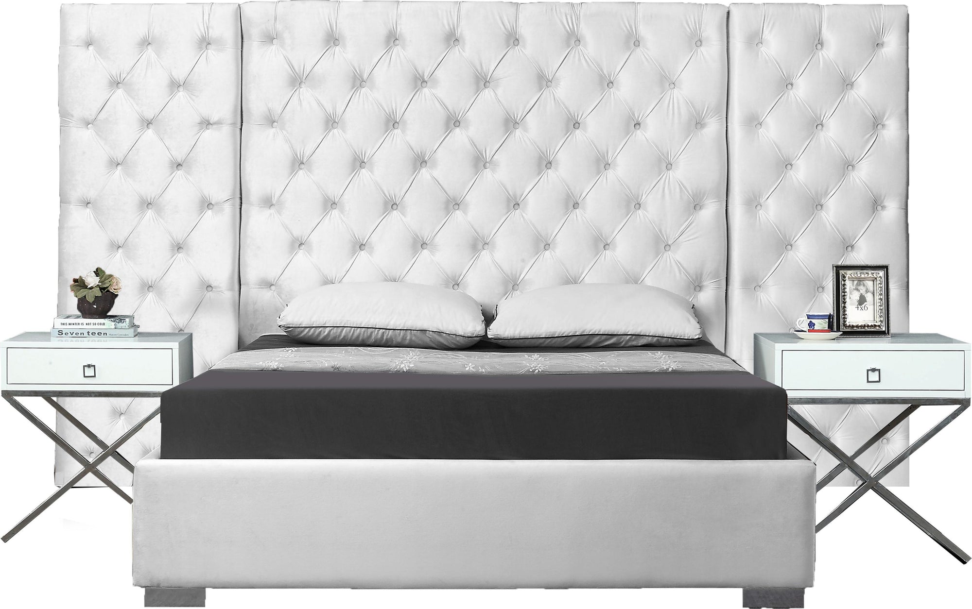 Grande White Velvet Queen Bed (3 Boxes)
